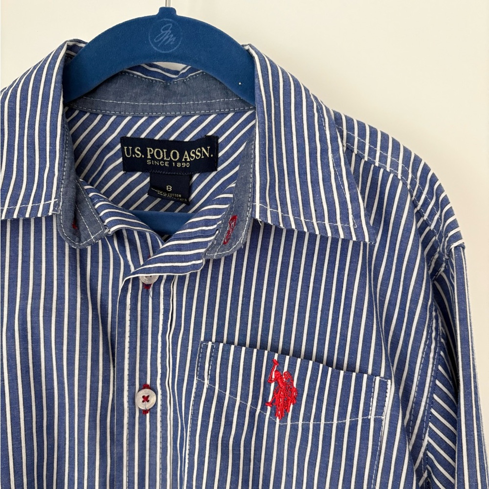 US POLO Stripped Blue and White Button Down Shirt - size 8 - Picture 4 of 6